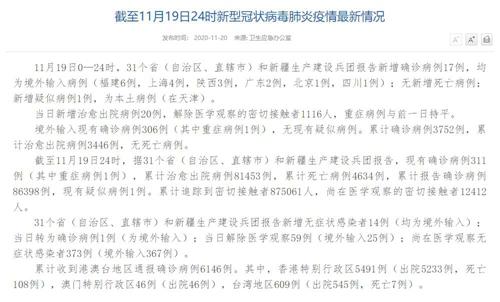國家衛(wèi)健委：11月19日新增確診病例17例均為境外輸入病例
