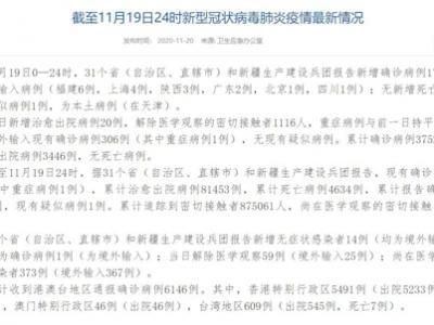 國家衛健委：11月19日新增確診病例17例均為境外輸入病例