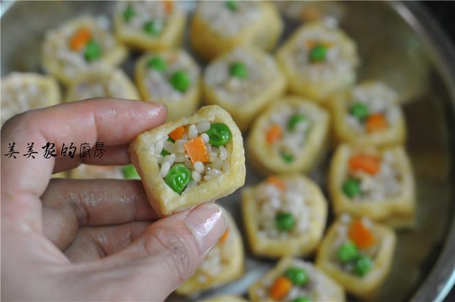 七彩糯米飯蒸塞油豆腐的做法-家常味蒸菜譜